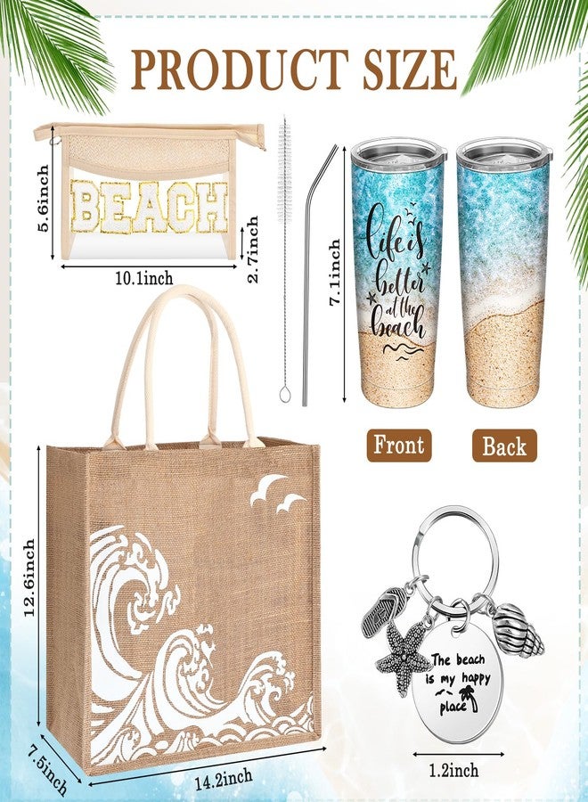 Yiyiring 4 Pcs Summer Beach Gift Set Beach Lover Gifts Beach Burlap Tote Bag Beach Cosmetic Bag 20 oz Beach Tumbler Beach Keychain Summer Party Holiday Vacation Wedding Beach Travel for Women Girls - Image 2