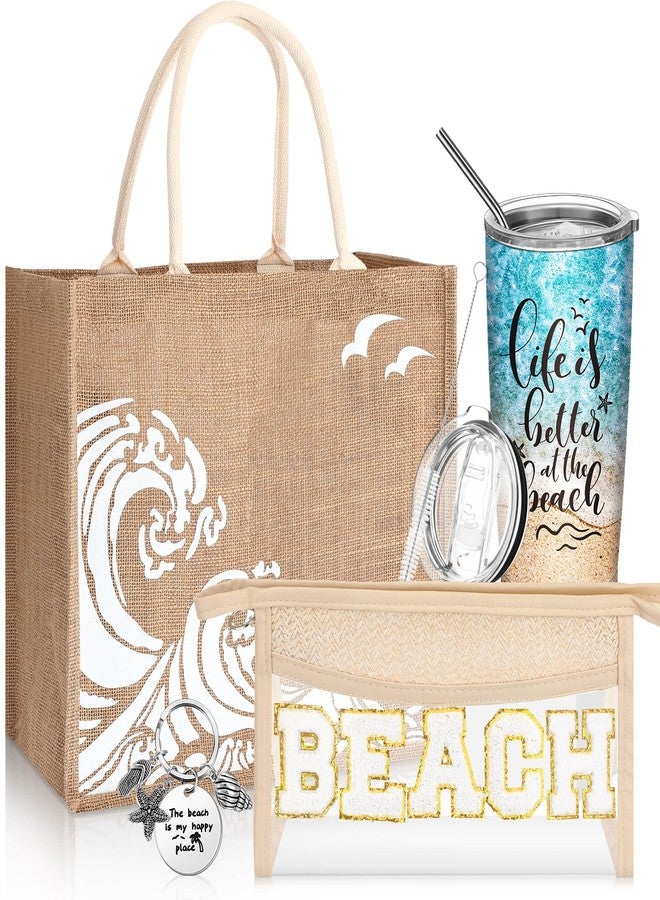 Yiyiring 4 Pcs Summer Beach Gift Set Beach Lover Gifts Beach Burlap Tote Bag Beach Cosmetic Bag 20 oz Beach Tumbler Beach Keychain Summer Party Holiday Vacation Wedding Beach Travel for Women Girls - Image 1