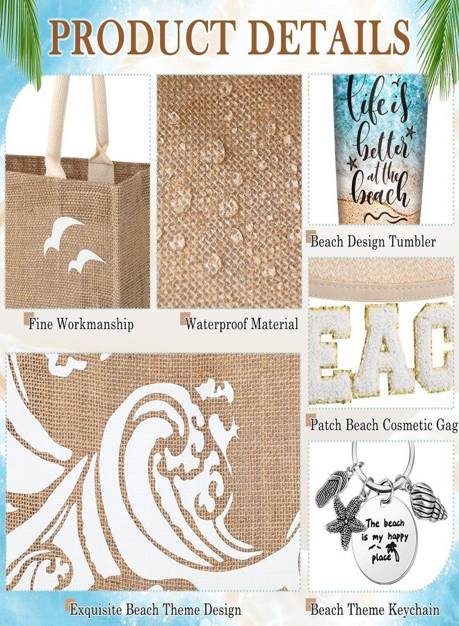 Yiyiring 4 Pcs Summer Beach Gift Set Beach Lover Gifts Beach Burlap Tote Bag Beach Cosmetic Bag 20 oz Beach Tumbler Beach Keychain Summer Party Holiday Vacation Wedding Beach Travel for Women Girls - Image 3