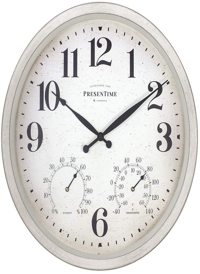 Presentime & Co 16" Farmhouse Series in/Outdoor Clock with Thermometer & Hygrometer, Weathered White Color. Weather Thermometer, Weather Station, Farmhouse Décor, Outdoor Décor, Wall Décor. - Image 1
