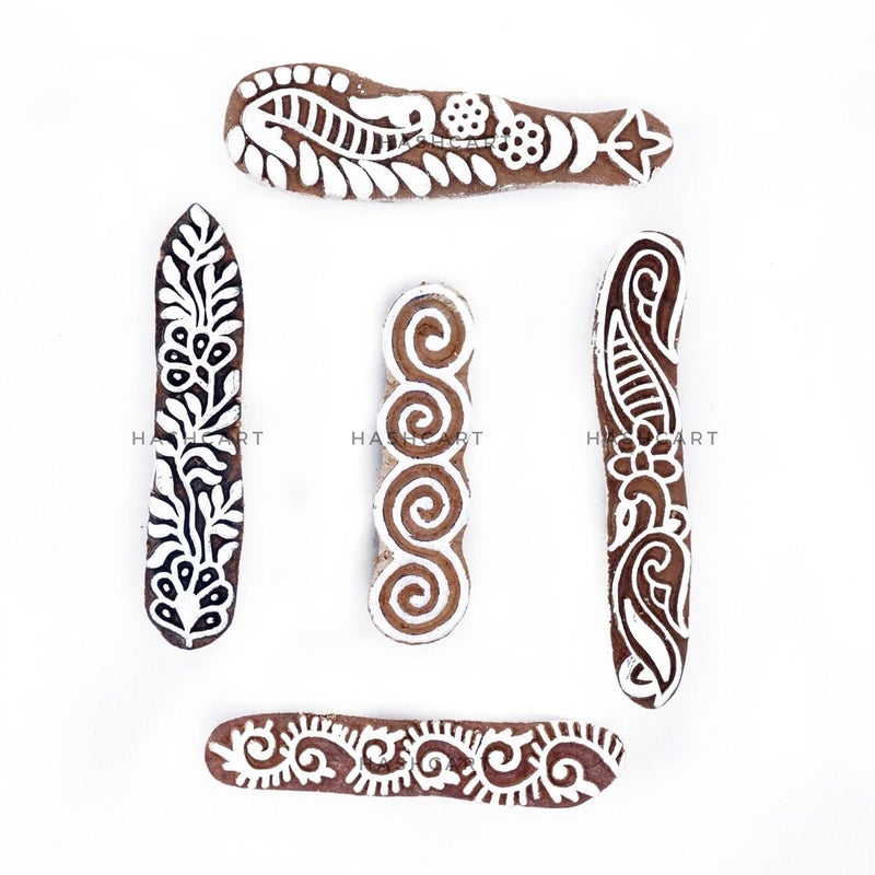 TWOGRAMS Finger Shape Wooden Block Stamps- Wooden Blocks for Block Printing Stamp for Crafting on Fabric, Clay & Henna Tattoo, Wood Stamps for Saree | Set of 5 | - Image 1