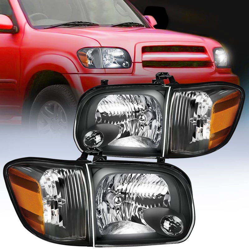 Nilight Headlight Assembly for 2005 2006 Toyota Tundra 4 Door Double Crew Cab 2005 2006 2007 Sequoia Pickup Replacement Black Housing Amber Reflector Driver and Passenger Side