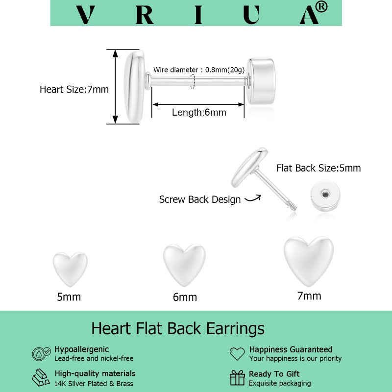 VRIUA Hypoallergenic Flat Back Earrings for Women - 14K Silver Plated Small Heart Flat Back Stud Earrings Cartilage Helix Piercing Jewelry - Image 4