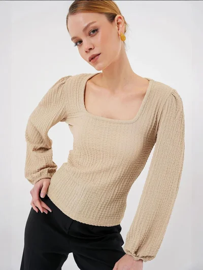 BIG DART BDART Textured Square Collar Long Sleeve Blouse
