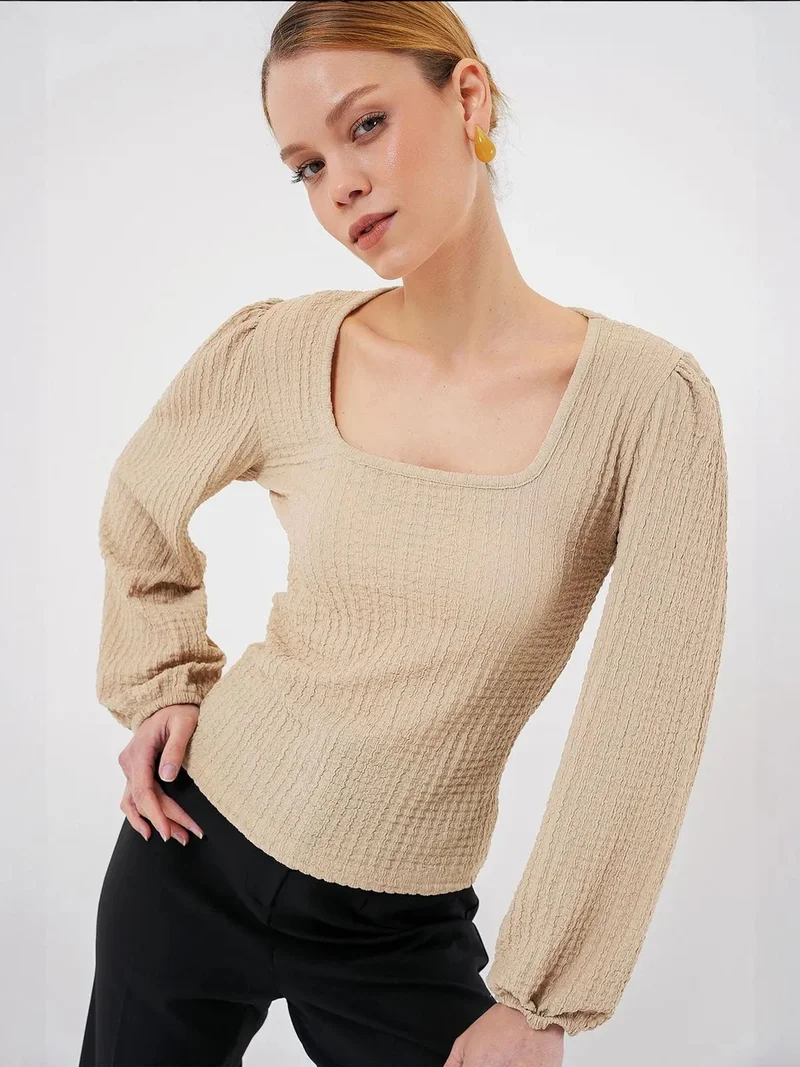 BIG DART BDART Textured Square Collar Long Sleeve Blouse