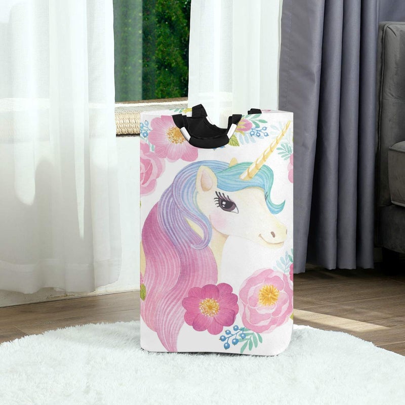 senya Large Storage Basket Collapsible Organizer Bin Laundry Hamper for Nursery Clothes Toys, Unicorn Head in Flowers - Image 4