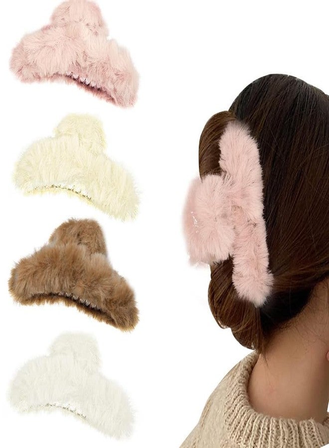 CHIROGRAPHY 4pcs Fuzzy for Winter|Faux Fur Fuzzy Claw Clips for Hair|Large Non-slip Fur Hair Clips for Thick Thin Hair|Fluffy Claw Clip Hair Barrettes|MULTICOLOR - Image 1