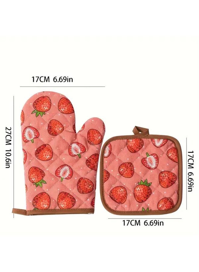 Pink Kitchen Gloves For Cooking Thickened Strawberry Pattern Home Outdoor Use - Image 3
