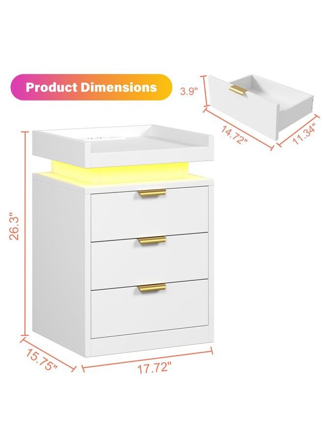 knoworld LED Nightstand with Charging Station & USB Ports, 3-Drawer Bedside Table with Adjustable RGB LED Lights, High-Gloss Modern Nightstands for Bedroom, White - Image 2