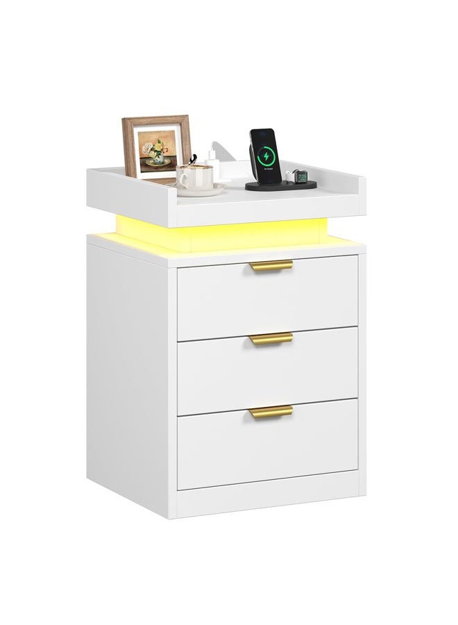 knoworld LED Nightstand with Charging Station & USB Ports, 3-Drawer Bedside Table with Adjustable RGB LED Lights, High-Gloss Modern Nightstands for Bedroom, White - Image 4