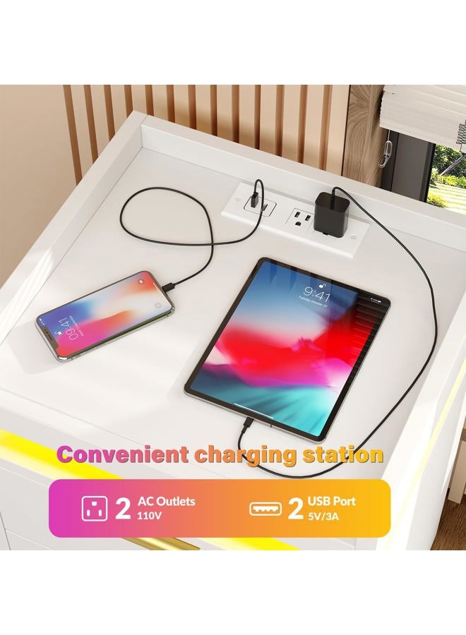 knoworld LED Nightstand with Charging Station & USB Ports, 3-Drawer Bedside Table with Adjustable RGB LED Lights, High-Gloss Modern Nightstands for Bedroom, White - Image 3