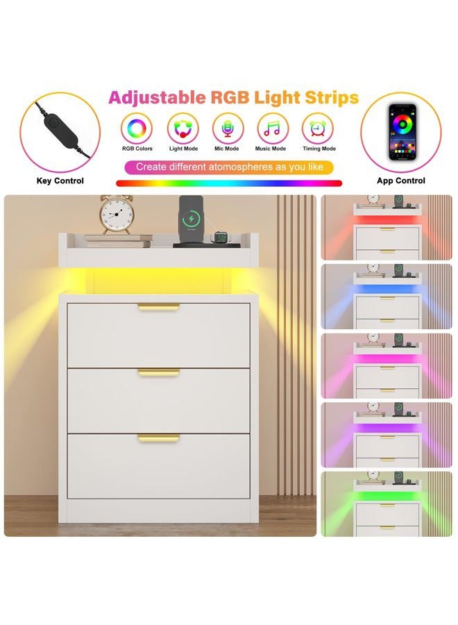 knoworld LED Nightstand with Charging Station & USB Ports, 3-Drawer Bedside Table with Adjustable RGB LED Lights, High-Gloss Modern Nightstands for Bedroom, White - Image 5