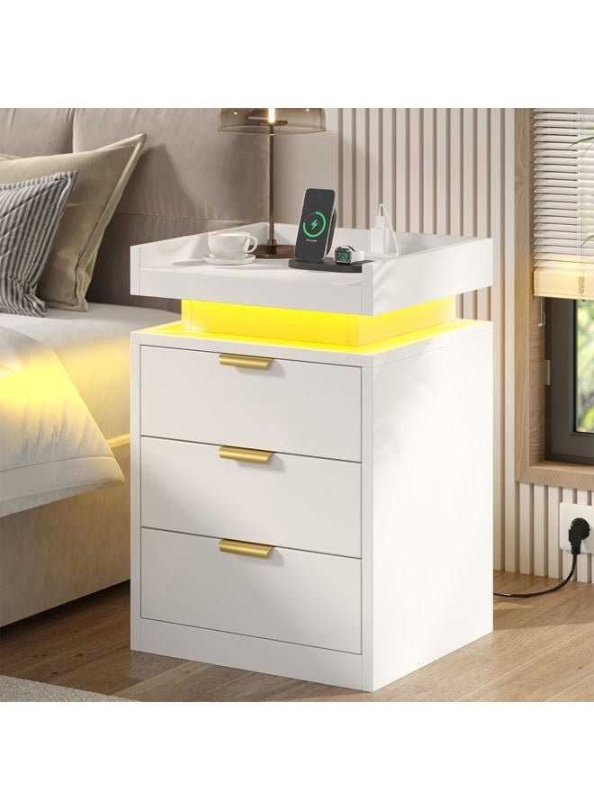 knoworld LED Nightstand with Charging Station & USB Ports, 3-Drawer Bedside Table with Adjustable RGB LED Lights, High-Gloss Modern Nightstands for Bedroom, White - Image 1