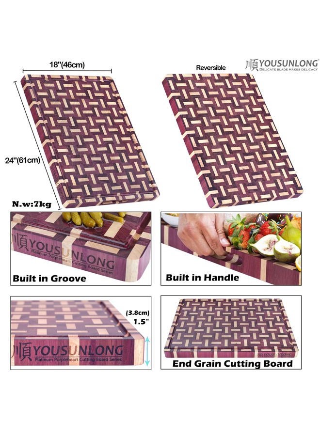 YOUSUNLONG Extra Large Cutting Board End Grain Purple Heart Wood - Thickened-Heavy Duty Butcher Block 24"L x 18"W x 1.5"Th w/Juice Groove and Handle - Serving Tray for Meat & Cheese,Cooktop Board - Image 2