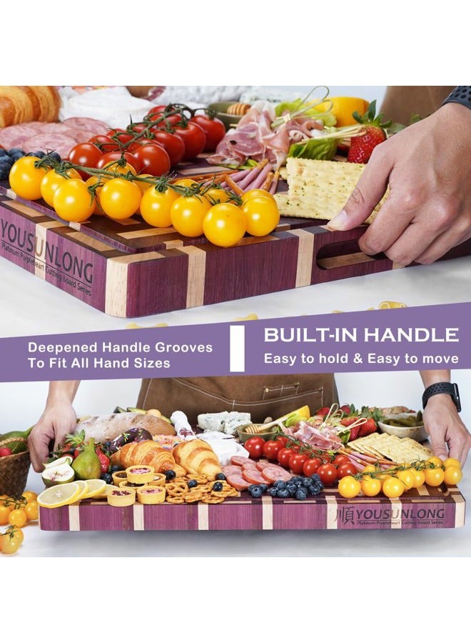 YOUSUNLONG Extra Large Cutting Board End Grain Purple Heart Wood - Thickened-Heavy Duty Butcher Block 24"L x 18"W x 1.5"Th w/Juice Groove and Handle - Serving Tray for Meat & Cheese,Cooktop Board - Image 4