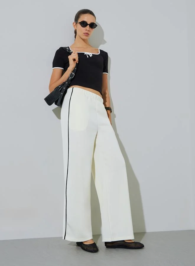 Styli Cream Wide Leg Joggers with Side Seam Piping