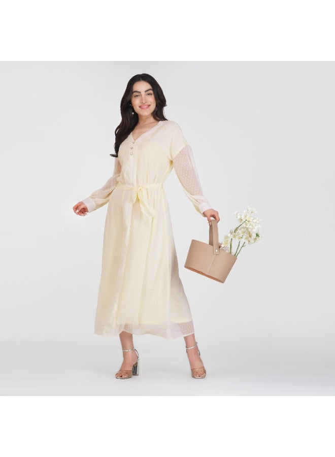 Linelle Soft Polka Dot Maxi Dress- V-Neckline and Full Sleeves, with Waist Tie - Image 1