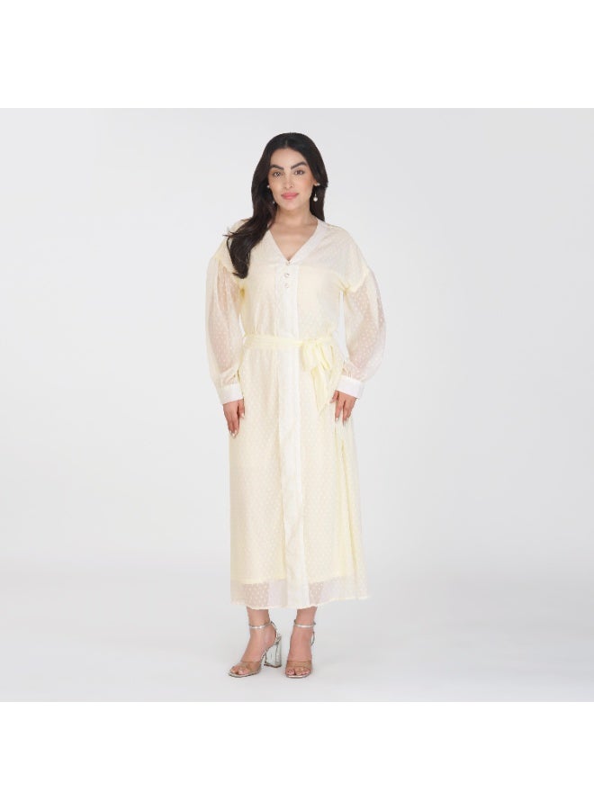 Linelle Soft Polka Dot Maxi Dress- V-Neckline and Full Sleeves, with Waist Tie - Image 3