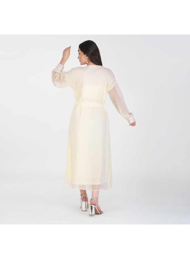 Linelle Soft Polka Dot Maxi Dress- V-Neckline and Full Sleeves, with Waist Tie - Image 2