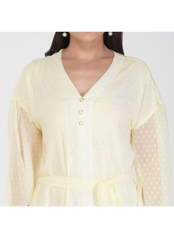 Linelle Soft Polka Dot Maxi Dress- V-Neckline and Full Sleeves, with Waist Tie - Image 5