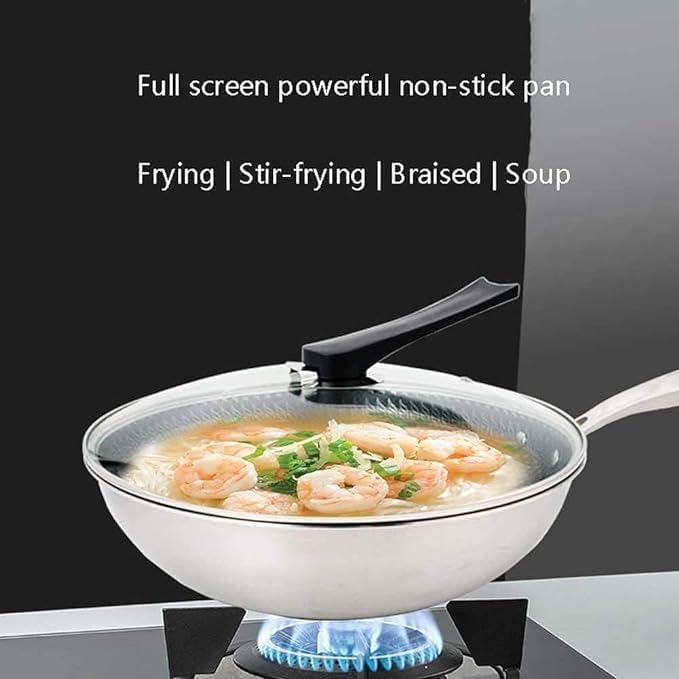 ECAPT32 cm Frying Pan Non Stick Fry Pan with Glass Lid Frypan Double Sided Honeycomb 316 Stainless Steel Wok ThreeLayer Steel - Image 3