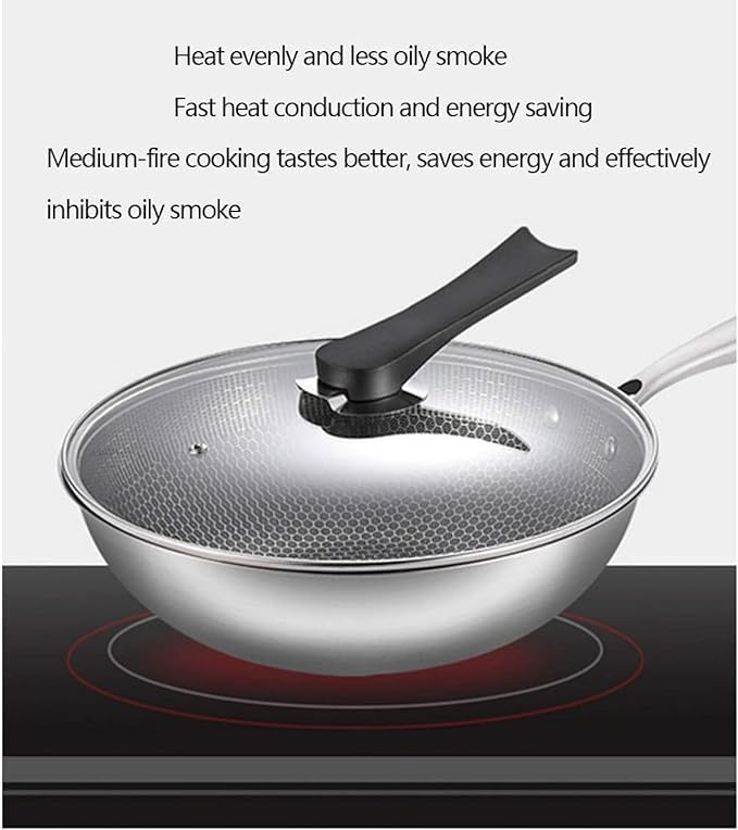 ECAPT32 cm Frying Pan Non Stick Fry Pan with Glass Lid Frypan Double Sided Honeycomb 316 Stainless Steel Wok ThreeLayer Steel - Image 2