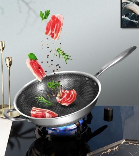 ECAPT32 cm Frying Pan Non Stick Fry Pan with Glass Lid Frypan Double Sided Honeycomb 316 Stainless Steel Wok ThreeLayer Steel - Image 4
