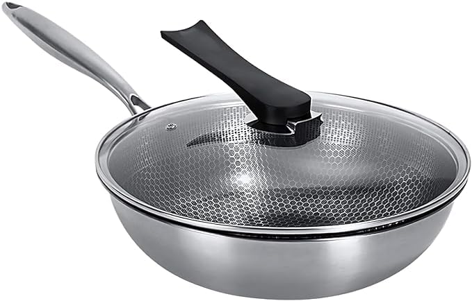 ECAPT32 cm Frying Pan Non Stick Fry Pan with Glass Lid Frypan Double Sided Honeycomb 316 Stainless Steel Wok ThreeLayer Steel - Image 1