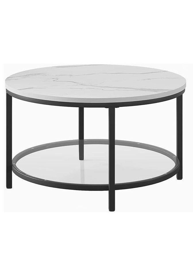 YINZUO Round White Marble Coffee Table with Black Metal Frame, Modern 2-Tier Living Room Table with Glass Lower Shelf for Storage & Display - Image 5