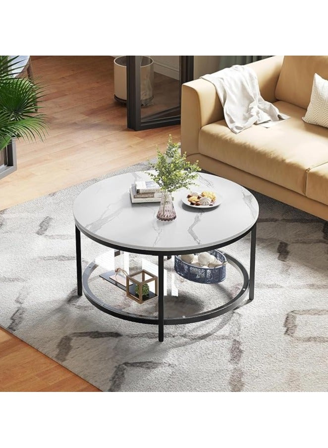 YINZUO Round White Marble Coffee Table with Black Metal Frame, Modern 2-Tier Living Room Table with Glass Lower Shelf for Storage & Display - Image 3