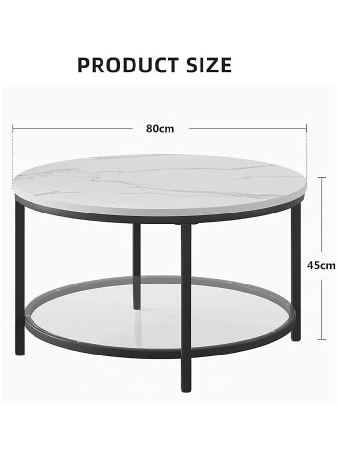 YINZUO Round White Marble Coffee Table with Black Metal Frame, Modern 2-Tier Living Room Table with Glass Lower Shelf for Storage & Display - Image 2