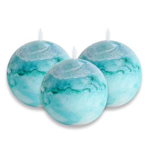 LPUSA Tie-dye Turquoise Rustic Ball Pillar Candles - 3 Inch Unscented Round Candles for Wedding Decoration and Home Decor - Set of 3 Paraffin Sphere Candles - Image 1