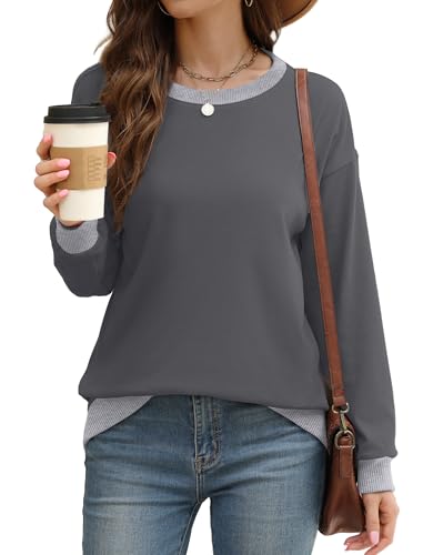 Saloogoe Long Sleeve Shirts for Women Dressy Casual Tops Work Crew Neck Sweatshirts Vacation Outfits Gray XL - Image 2