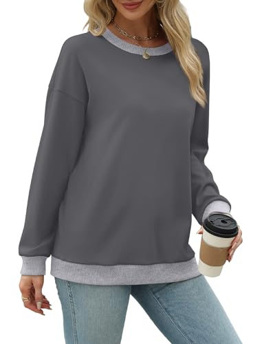 Saloogoe Long Sleeve Shirts for Women Dressy Casual Tops Work Crew Neck Sweatshirts Vacation Outfits Gray XL - Image 3