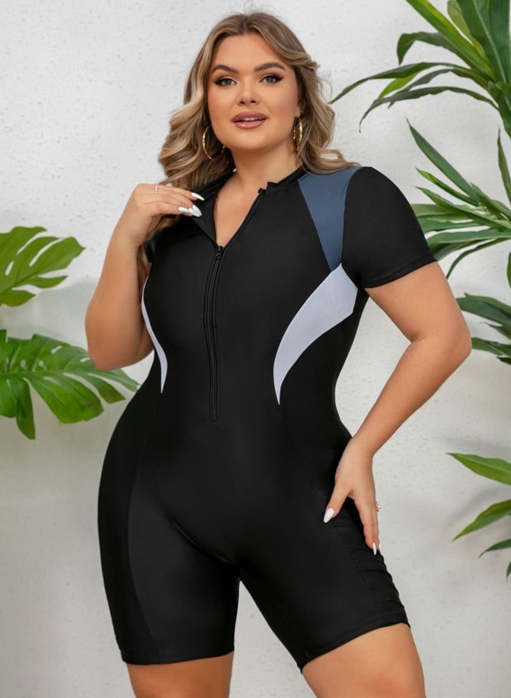 Al Aoyama Women's athletic swimsuit, one-piece with zipper, short-sleeve surf swimsuit, square-cut surf suit - Image 4