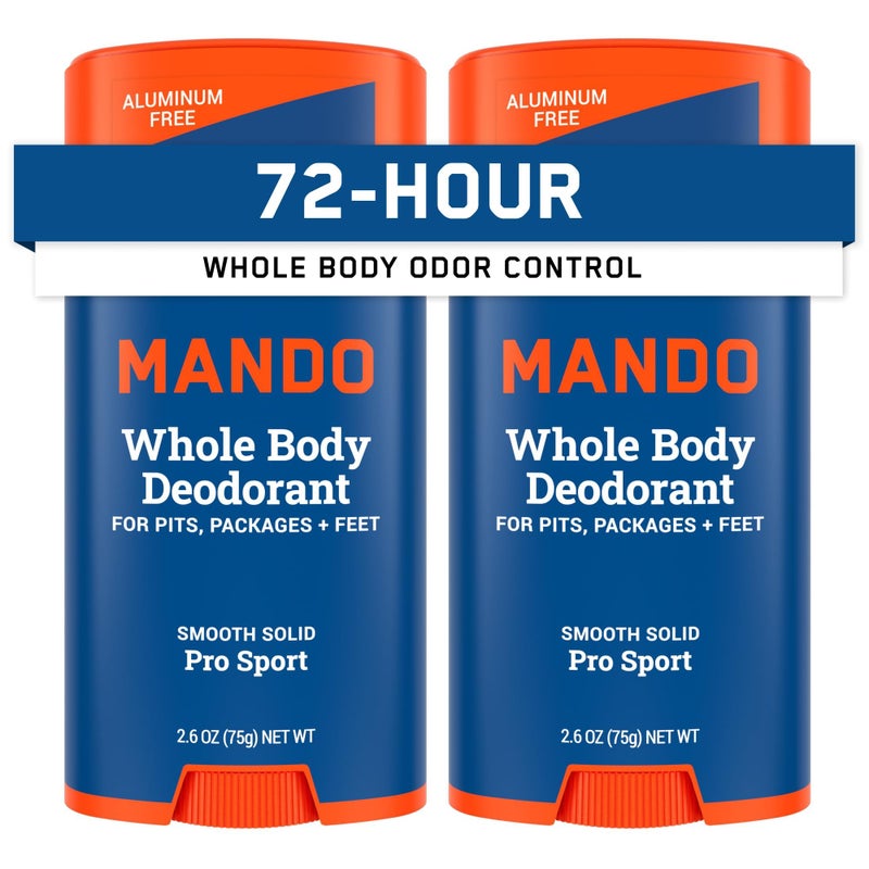 Mando Whole Body Deodorant For Men - Smooth Solid Stick - 72 Hour Odor Control - Aluminum Free, Baking Soda Free, Skin Safe - 2.6 ounce (Pack of 2) - Pro Sport - Image 1