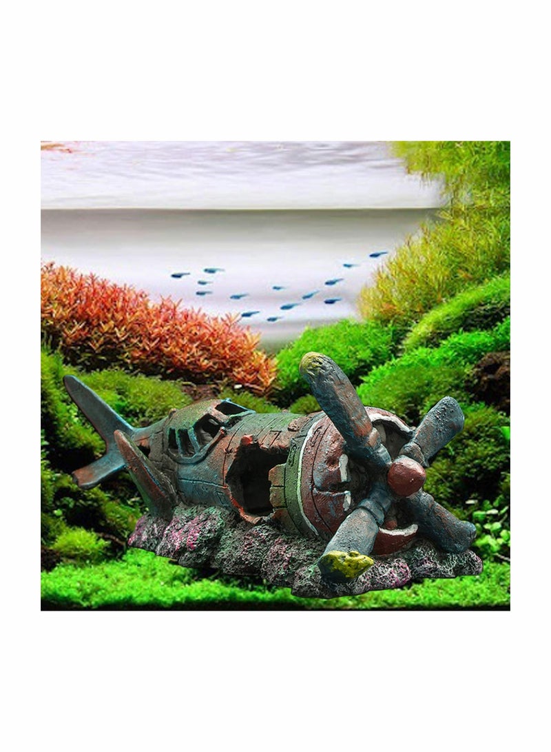 SOLARAE Fish Tank Decoration, Fighter Vintage Airplane Ruins Landscape Fish Shrimp Shelter Cave Hideout Resin Aquarium Decor - Image 2