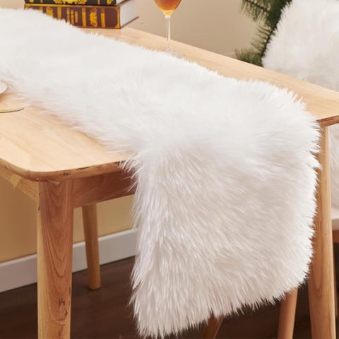 Modern Faux Fur Table Runner, White, 35 x 180 cm, Christmas, Wedding, Dining Table Decoration