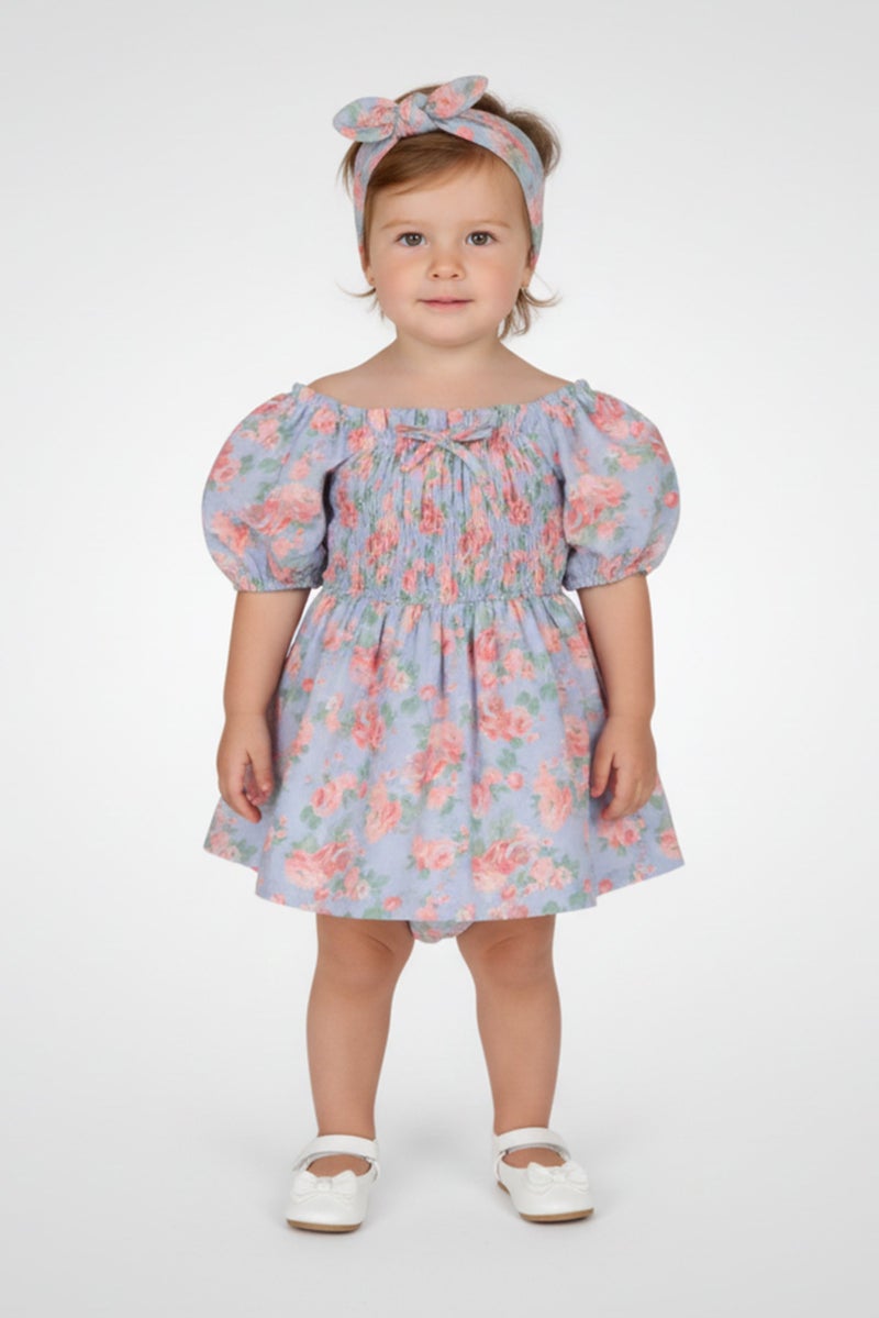 Nanette lepore Toddlers Girl 3 Pieces Floral Pattern Dress And Panty With Headband Set, Multicolor - Image 1