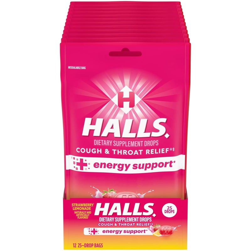 Halls Halls Relief + Energy Support, Strawberry Lemonade Cough Drops, 12 Bags of 25 Drops (300 Total Drops)
