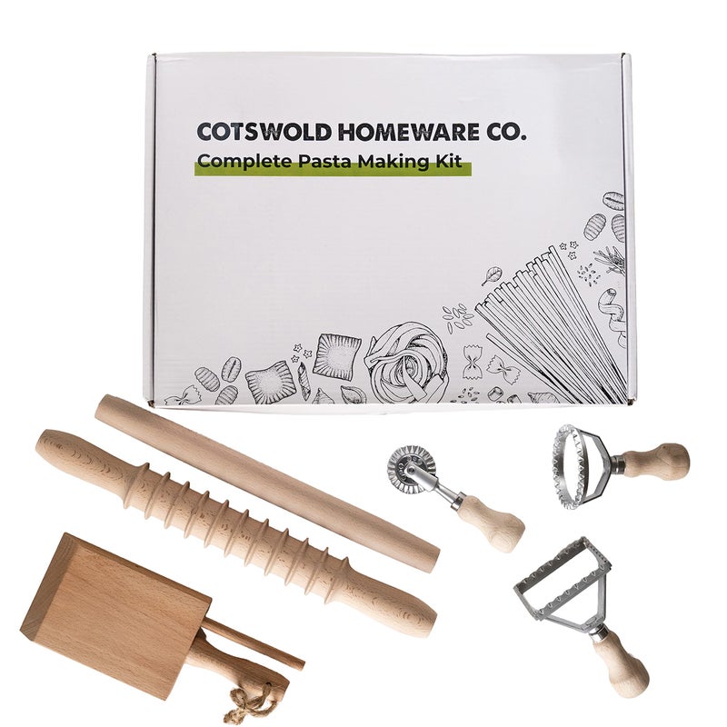 Cotswold Homeware Co Complete 6 Pcs Pasta Making Tool Set Includes Two Ravioli Stamp Maker Cutter And Roller Wheel Set Two Pasta Rolling Pins Gnocchi Board By Cotswold Homeware Co 