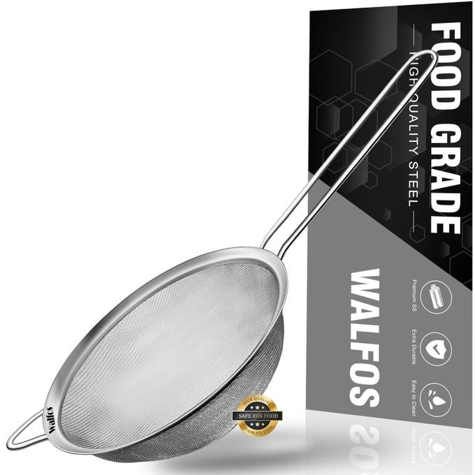 47 INCH FINE MESH STRAINER PREMIUM STAINLESS STEEL COLANDERS AND SIFTERS WITH REINFORCED FRAME AND STURDY HANDLE PERFECT FOR SIFT STRAIN DRAIN AND RINSE VEGETABLES PASTAS AND TEA