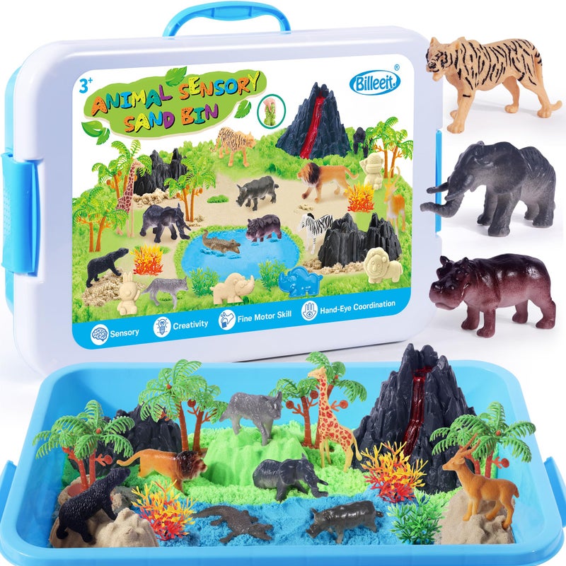 Billeeit Animal Sensory Bin Sand Toy, Play Sand Kit w/lid and 2.2lbs Moldable Sensory Sand, Molds, Tools, Map Set 35pcs Total, Fun Easter Gifts for Kids 3+ - Image 1