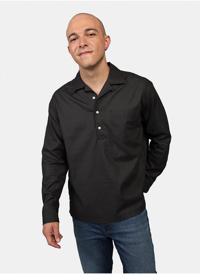 American Eagle - Long-Sleeve Linen-Blend Popover Shirt - Image 1