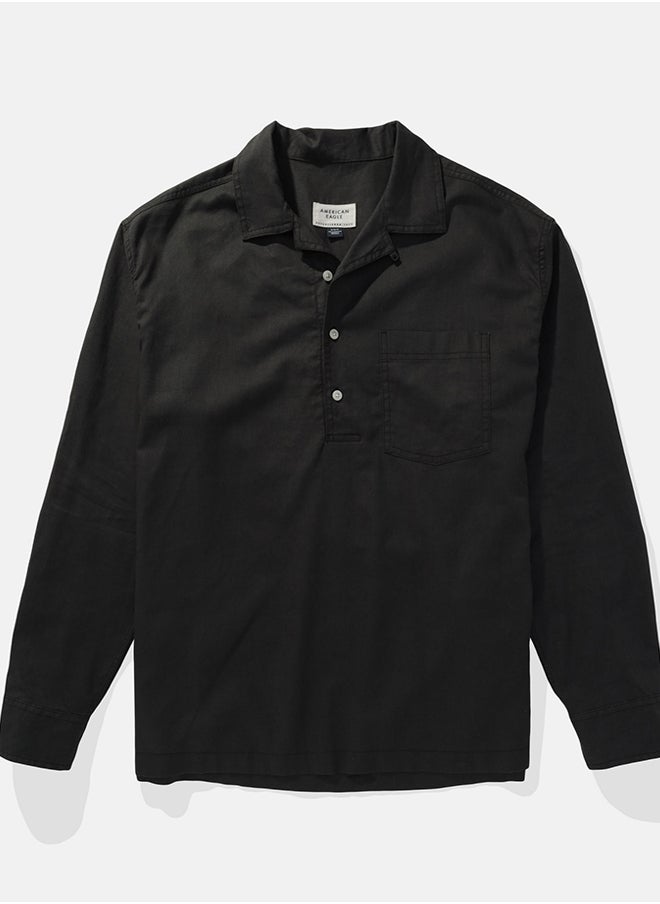 American Eagle - Long-Sleeve Linen-Blend Popover Shirt - Image 1