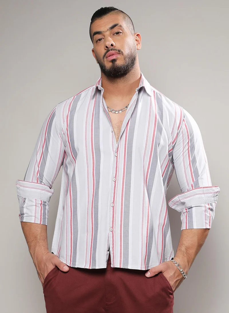 Instafab Plus Instafab Plus Men's Multicolour Multitrack Striped Button Up Plus-Size Fit Shirt For Casual Wear | Cotton Shirt Crafted With Regular Sleeve & Comfort Fit For Everyday Wear