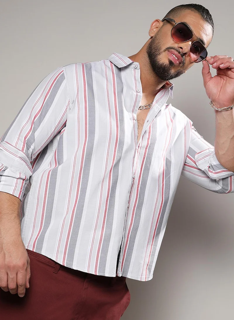 Instafab Plus Instafab Plus Men's Multicolour Multitrack Striped Button Up Plus-Size Fit Shirt For Casual Wear | Cotton Shirt Crafted With Regular Sleeve & Comfort Fit For Everyday Wear