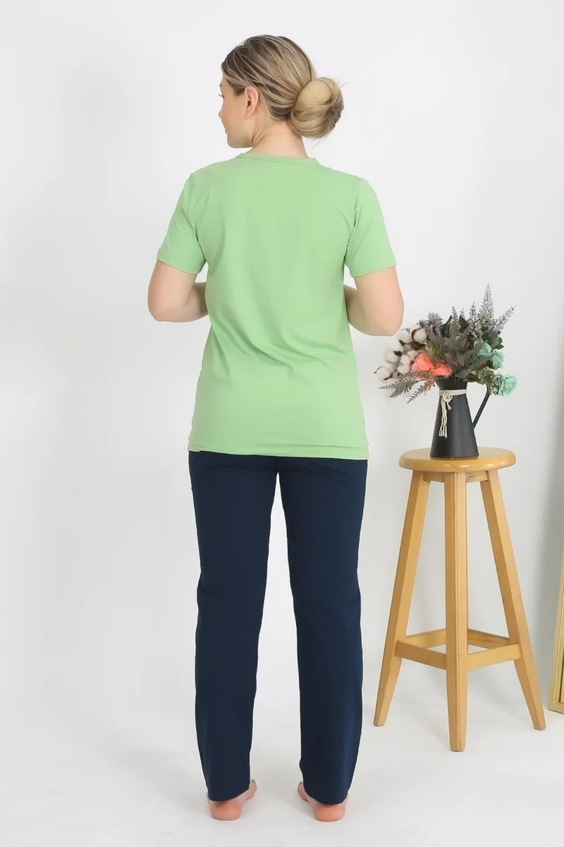 اكبينيز Women's Short Sleeve Cotton Combed Pajama Set Pistachio Green 4215
