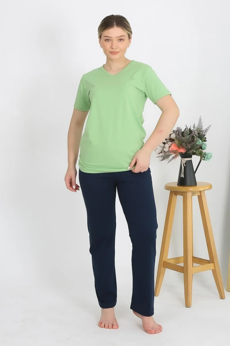 اكبينيز Women's Short Sleeve Cotton Combed Pajama Set Pistachio Green 4215