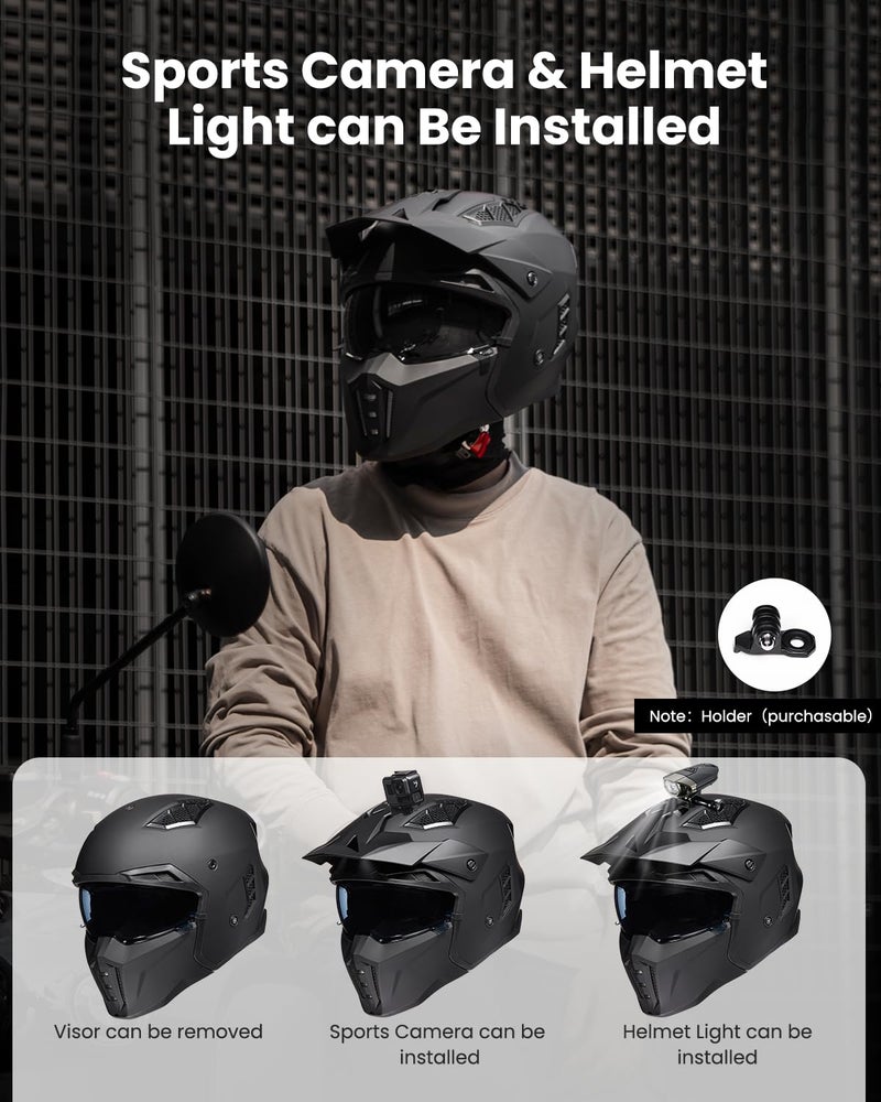 ILM خوذة دراجة نارية مفتوحة الوجه 3/4 للرجال والنساء، خوذة عتيقة مع واقي للوجه لدراجة مائية ATV كروزر سكوتر نموذج DOT Z302 (أسود غير لامع، صغير) - Image 4